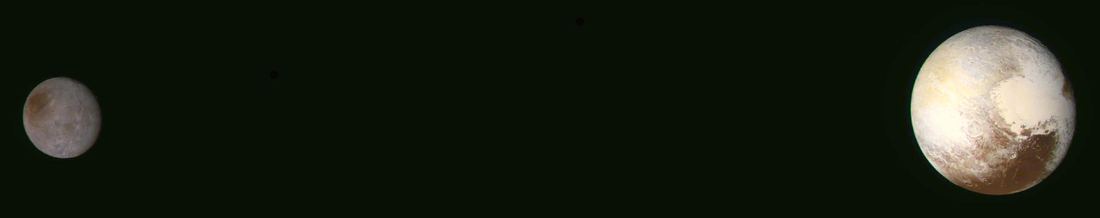 Gray Charon on the left and larger pale Pluto with its bright heart-shaped region on the right, shown in enhanced color against black space
