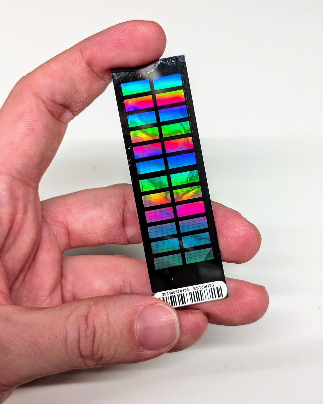 A small glass DNA genotyping chip held up to the light, its sample lanes visible