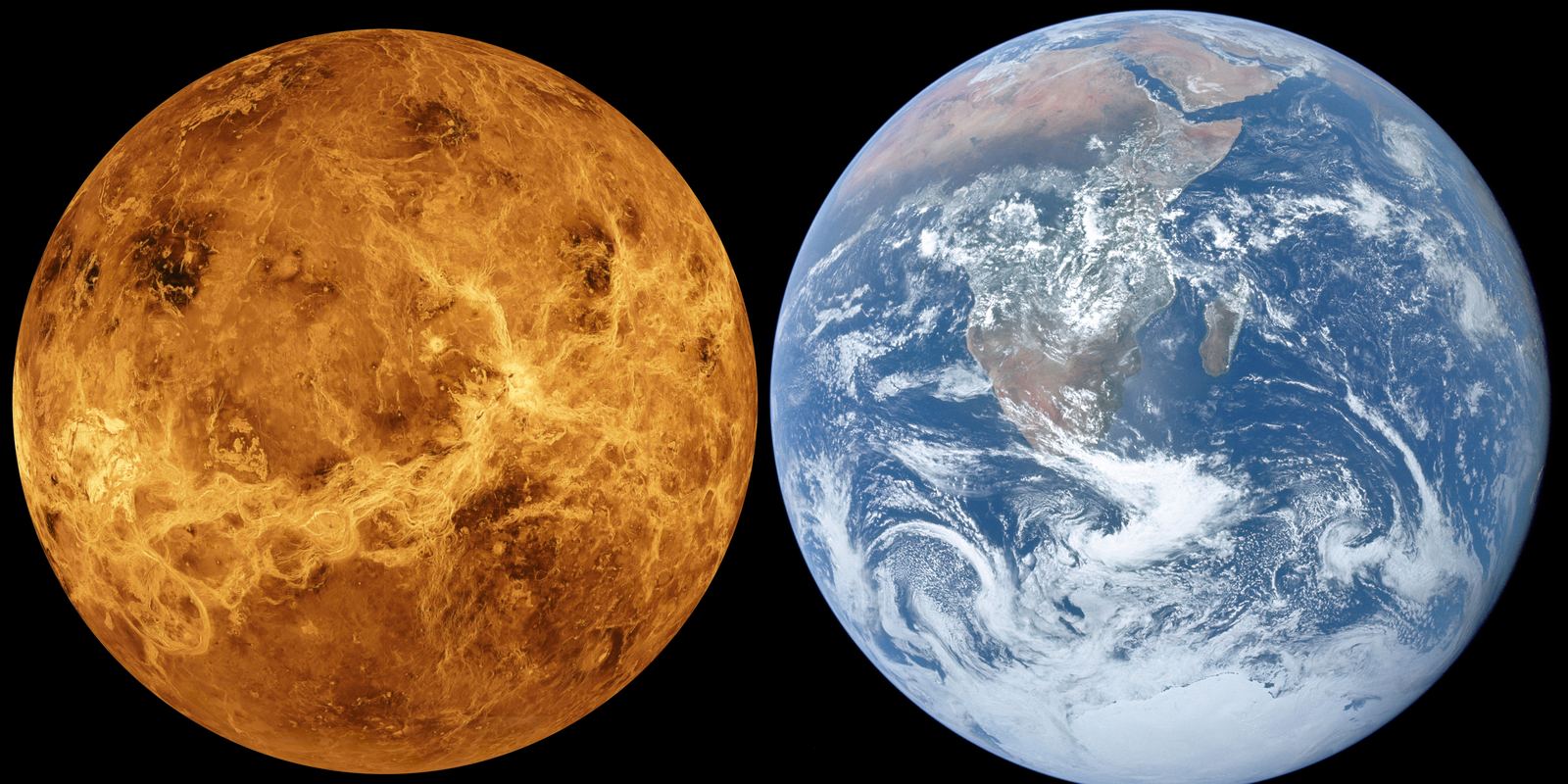 Venus and Earth shown side by side at the same scale