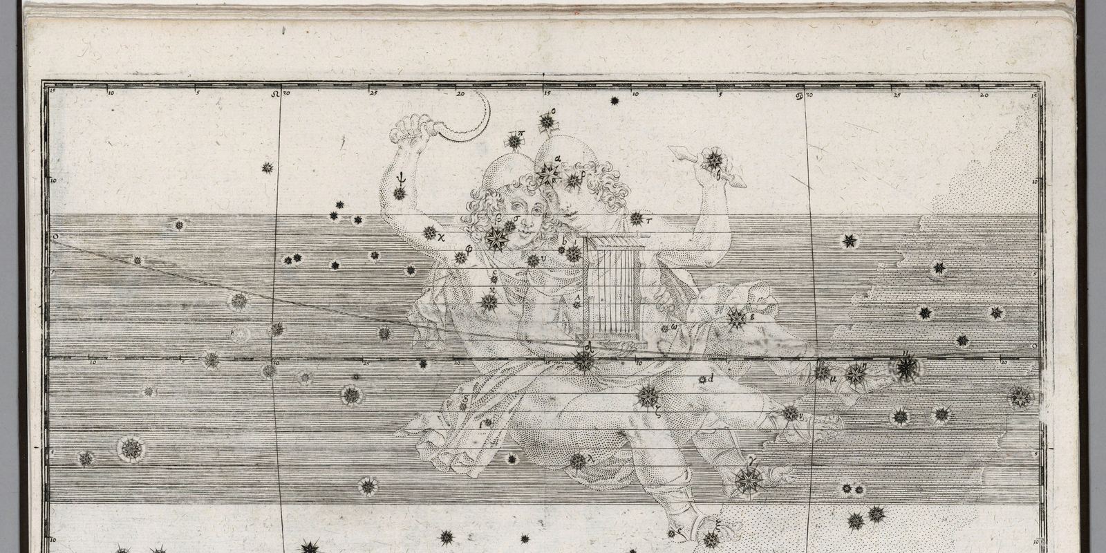 An old illustrated star chart of the constellation Gemini showing the twins Castor and Pollux