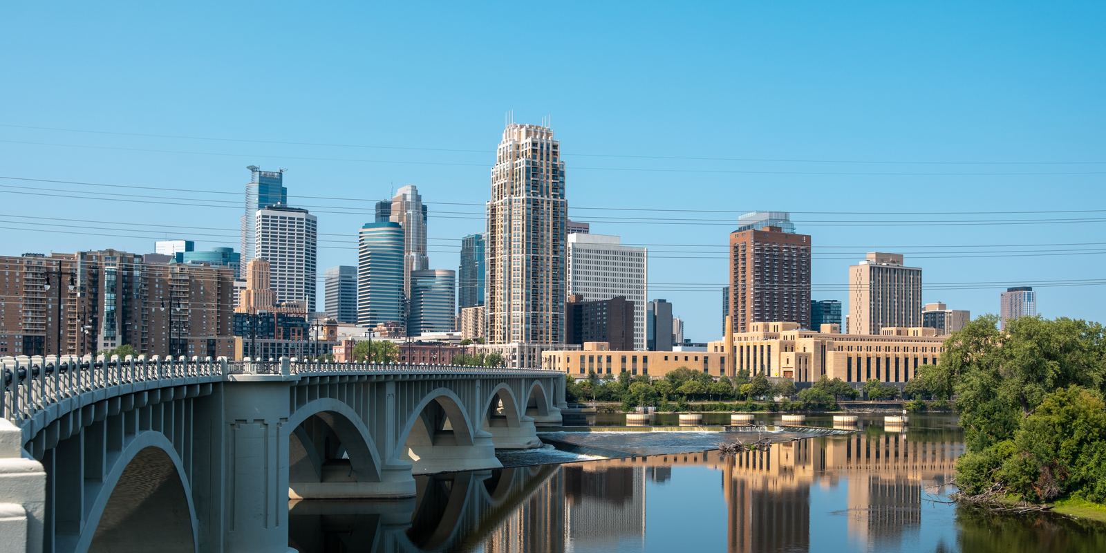 The downtown Minneapolis skyline seen across the Mississippi River