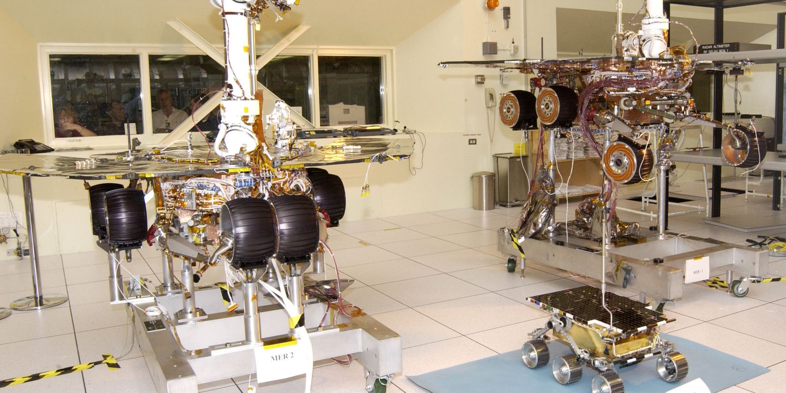 The twin Mars Exploration Rovers side by side before launch